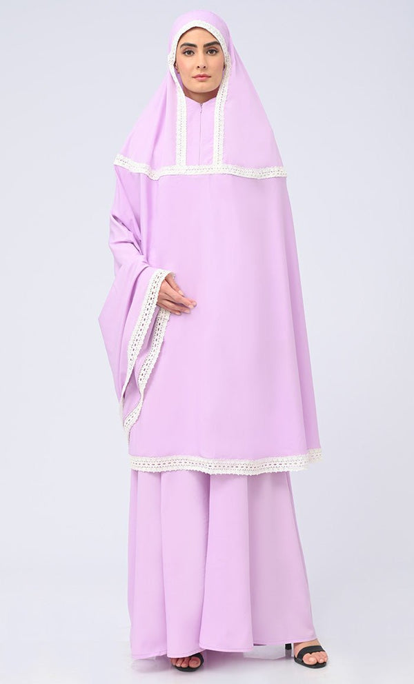Maghrib Modest Lavender Lace Detailing Khimar Prayer Dress For Women - EastEssence.com