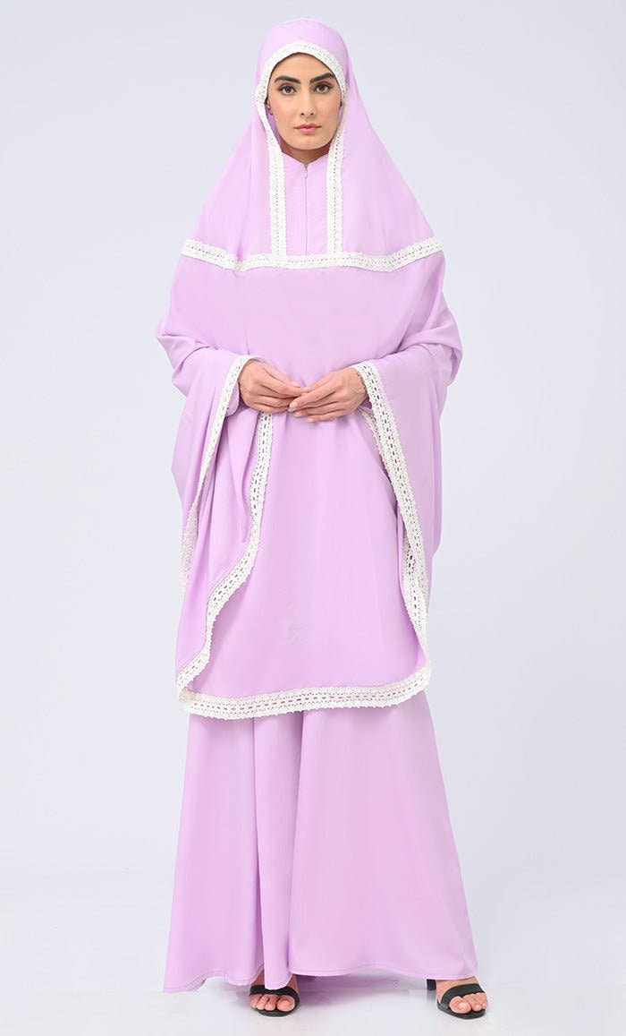 Maghrib Modest Lavender Lace Detailing Khimar Prayer Dress For Women - EastEssence.com