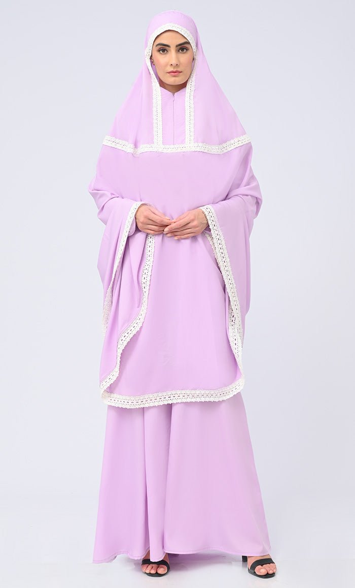 Maghrib Modest Lavender Lace Detailing Khimar Prayer Dress For Women - EastEssence.com