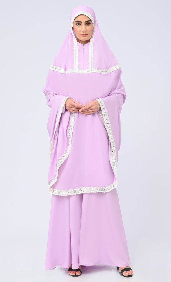 Maghrib Modest Lavender Lace Detailing Khimar Prayer Dress For Women - EastEssence.com