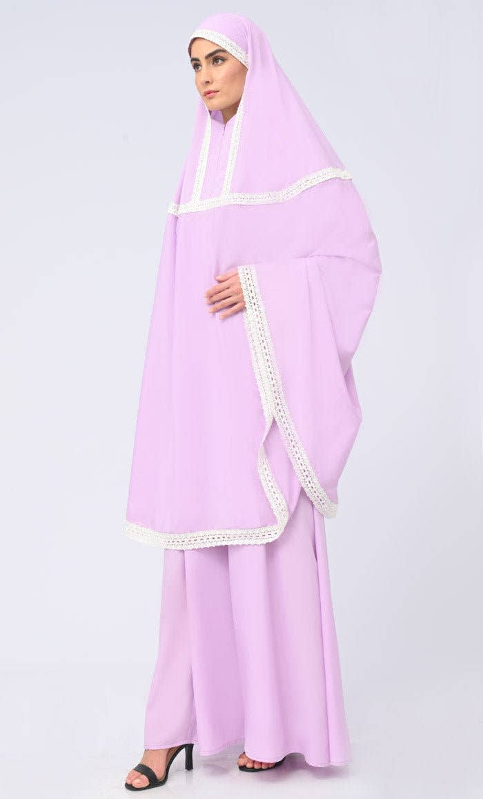 Maghrib Modest Lavender Lace Detailing Khimar Prayer Dress For Women - EastEssence.com