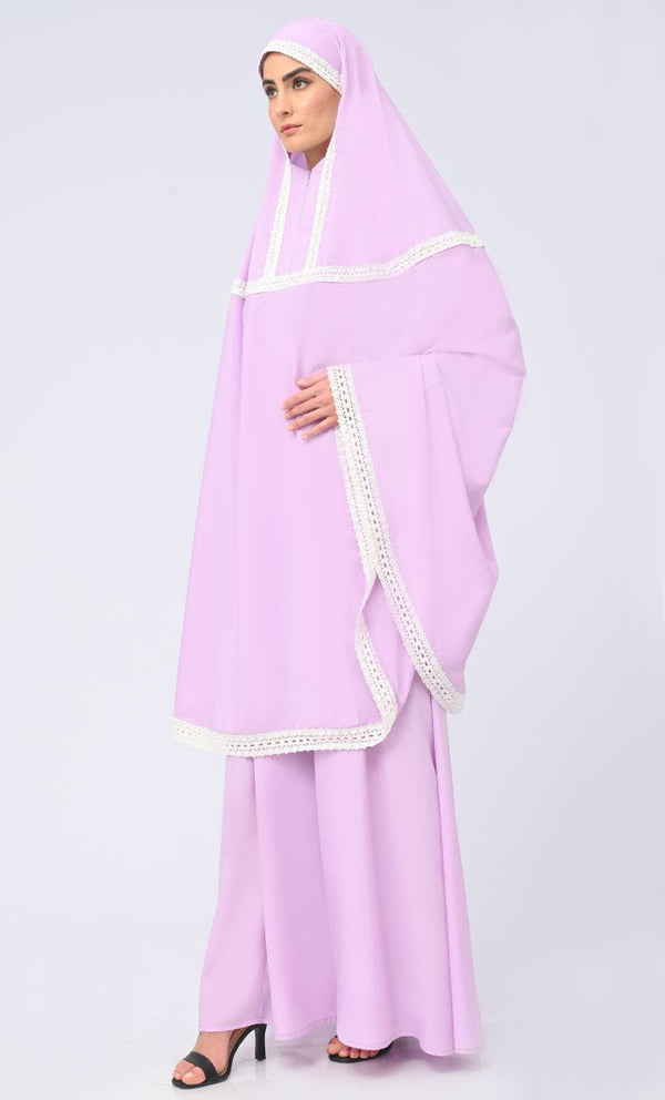 Maghrib Modest Lavender Lace Detailing Khimar Prayer Dress For Women - EastEssence.com