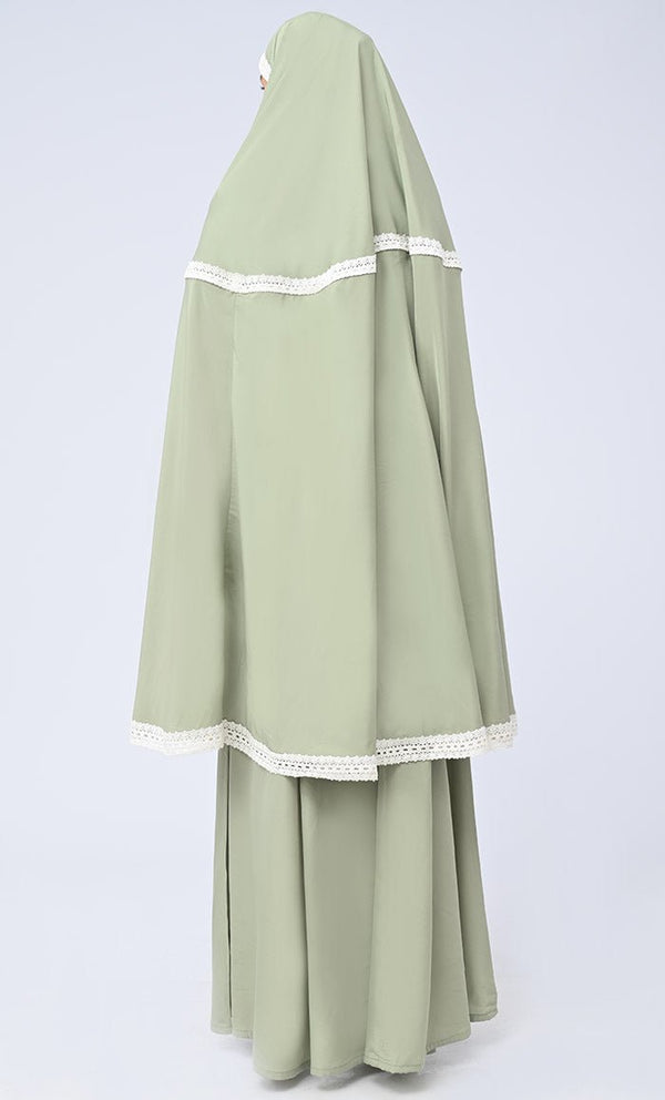 Maghrib Modest Olive Lace Detailing Khimar Prayer Dress For Women - EastEssence.com