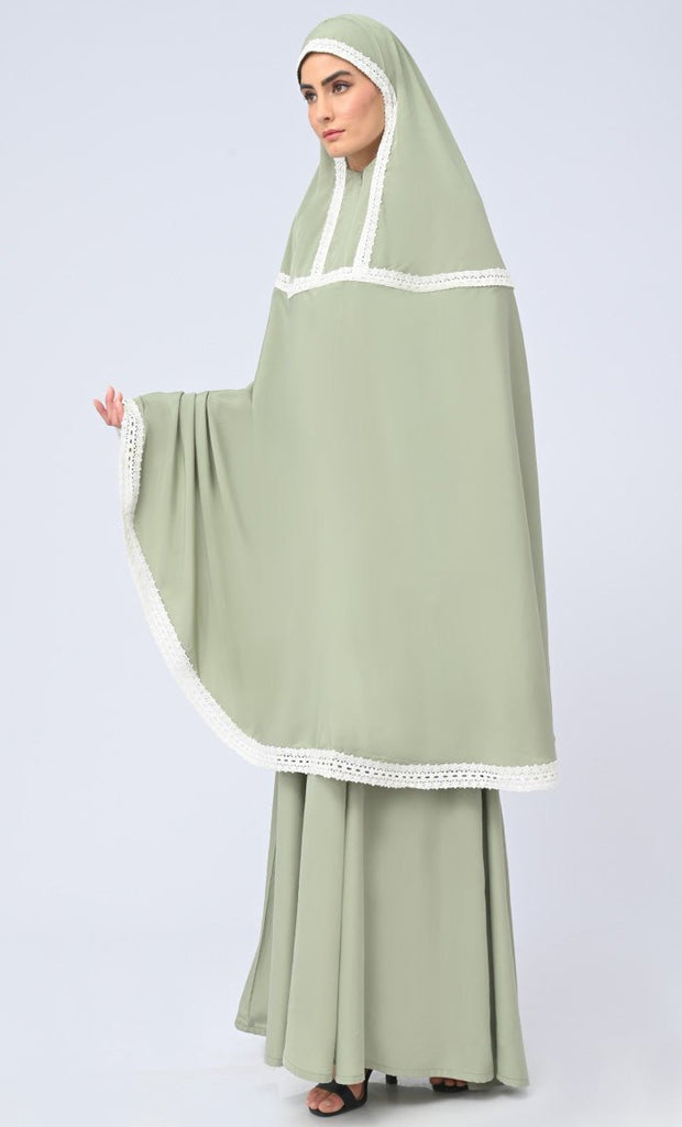 Maghrib Modest Olive Lace Detailing Khimar Prayer Dress For Women - EastEssence.com