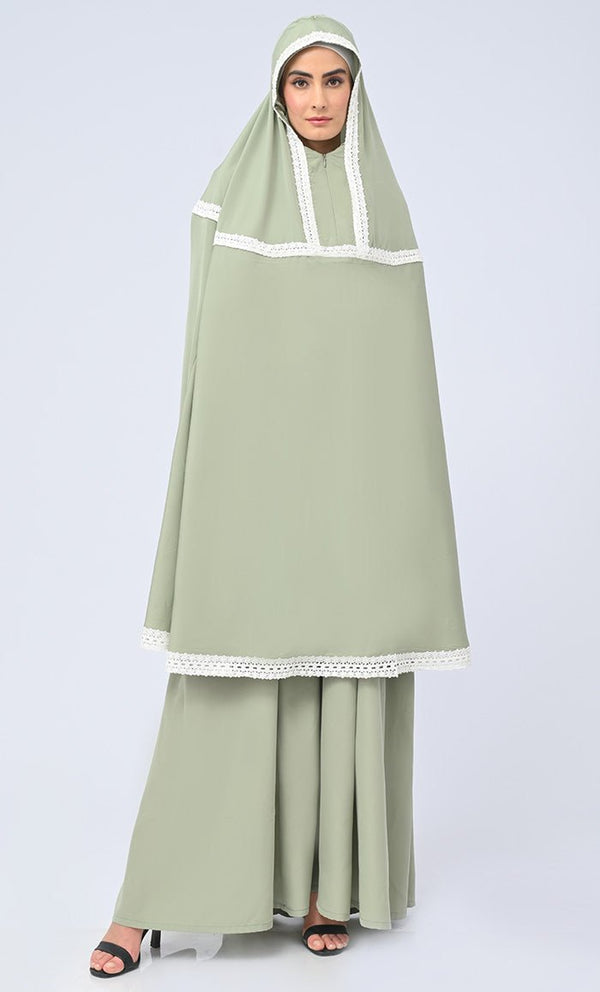 Maghrib Modest Olive Lace Detailing Khimar Prayer Dress For Women - EastEssence.com