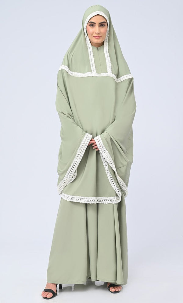 Maghrib Modest Olive Lace Detailing Khimar Prayer Dress For Women - EastEssence.com