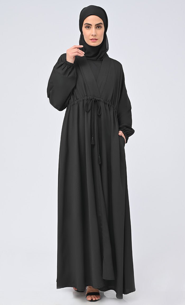 Maghrib Modest Waist Dori Detailing Modest Abaya With Black Inner And Black Hijab - EastEssence.com