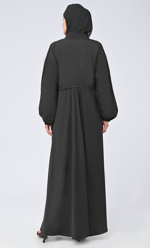 Maghrib Modest Waist Dori Detailing Modest Abaya With Black Inner And Black Hijab - EastEssence.com