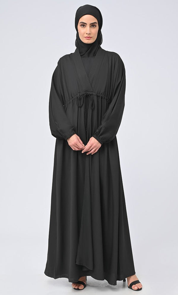 Maghrib Modest Waist Dori Detailing Modest Abaya With Black Inner And Black Hijab - EastEssence.com
