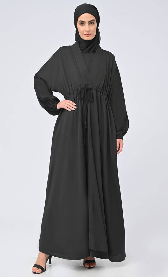 Maghrib Modest Waist Dori Detailing Modest Abaya With Black Inner And Black Hijab - EastEssence.com