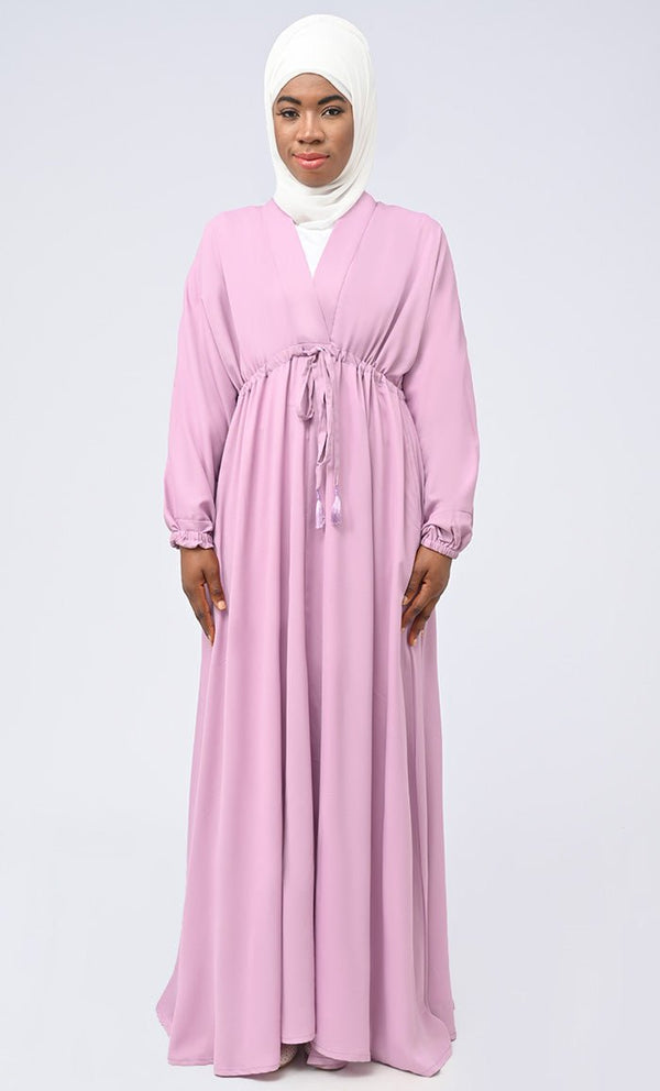 Maghrib Waist Dori Detailing Modest Abaya With White Inner And Hijab - EastEssence.com
