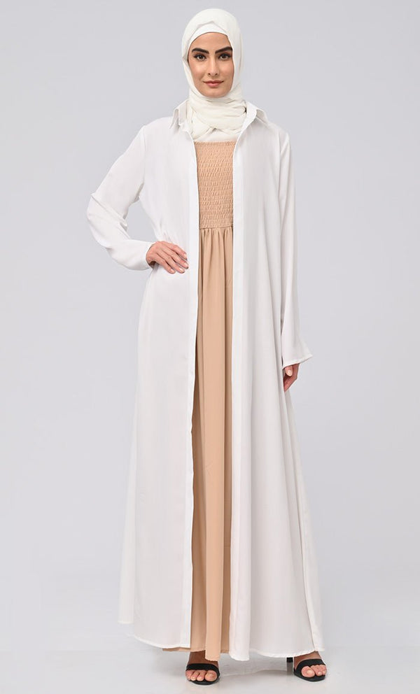 Maheen Abaya With Smoking Detailing Inner And Button Down Bisht/Shrug - EastEssence.com
