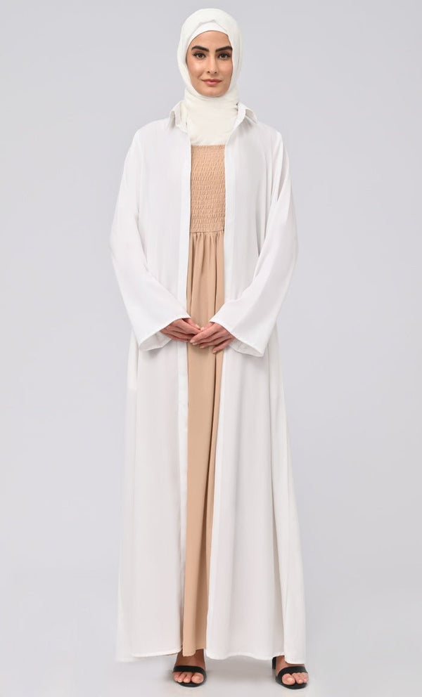 Maheen Abaya With Smoking Detailing Inner And Button Down Bisht/Shrug - EastEssence.com