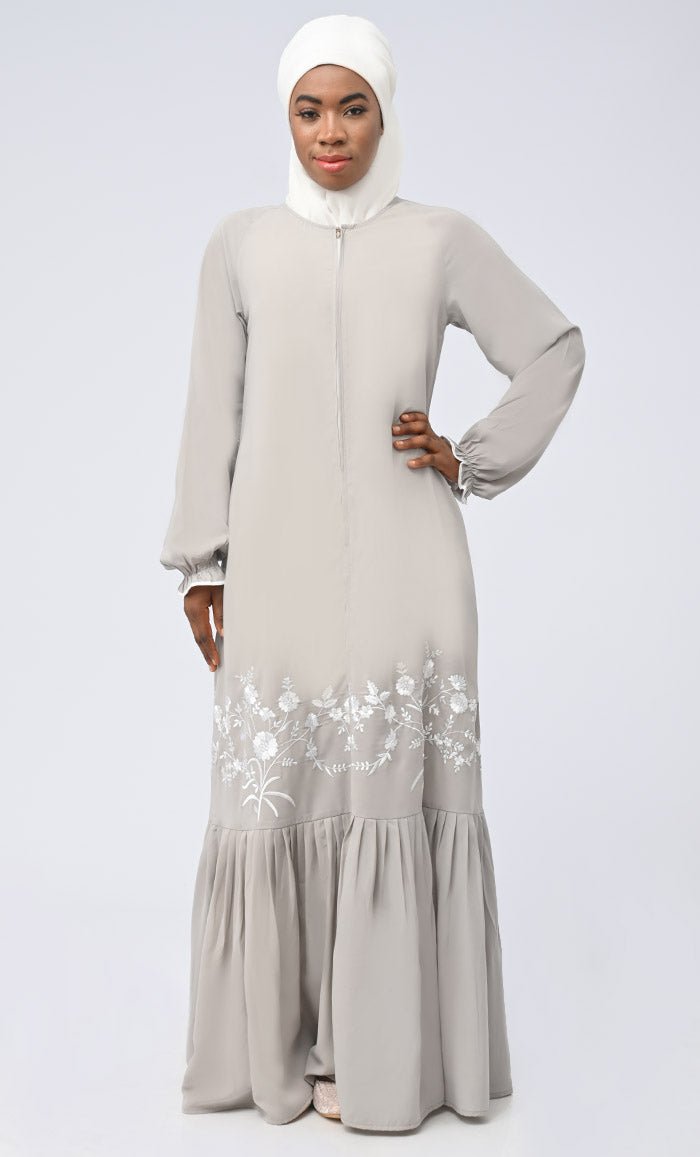 White Embroidered Abaya With Pockets