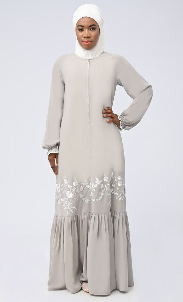 White Embroidered Abaya With Pockets