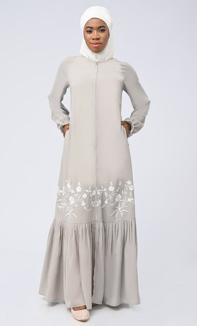 White Embroidered Abaya With Pockets