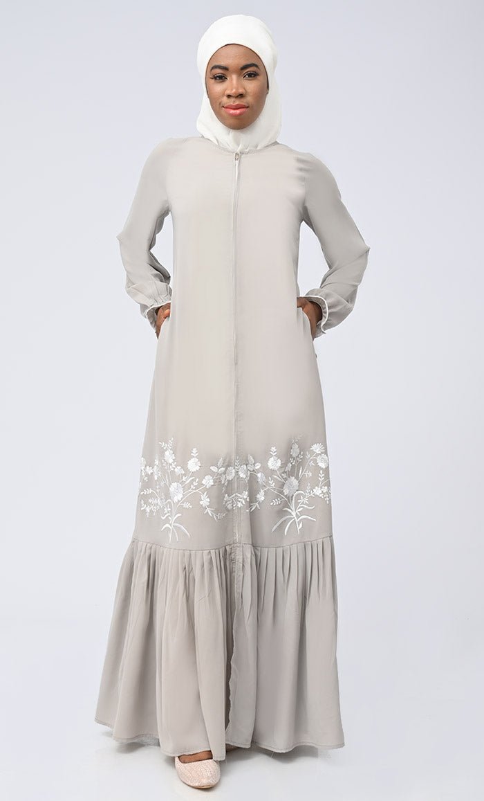 White Embroidered Abaya With Pockets
