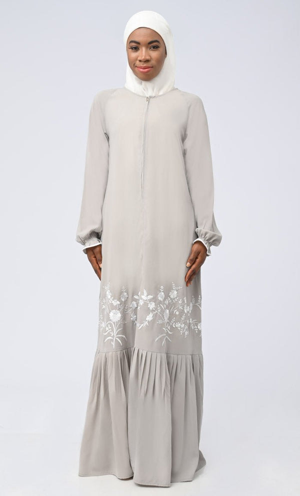White Embroidered Abaya With Pockets