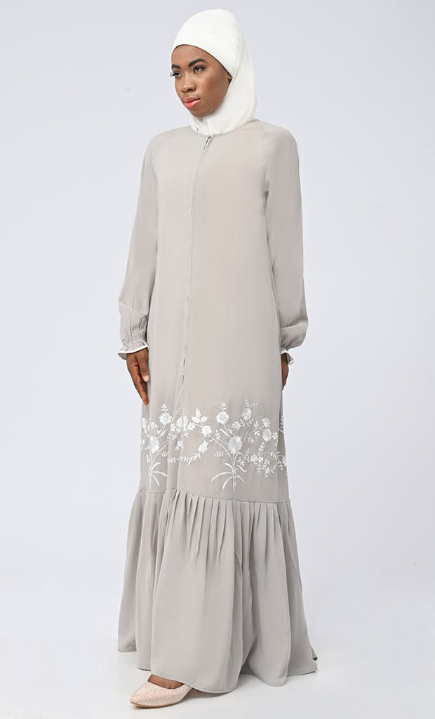 White Embroidered Abaya With Pockets