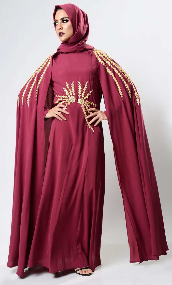 Maroon Dramatic Lavish Embroiderd Abaya - EastEssence.com