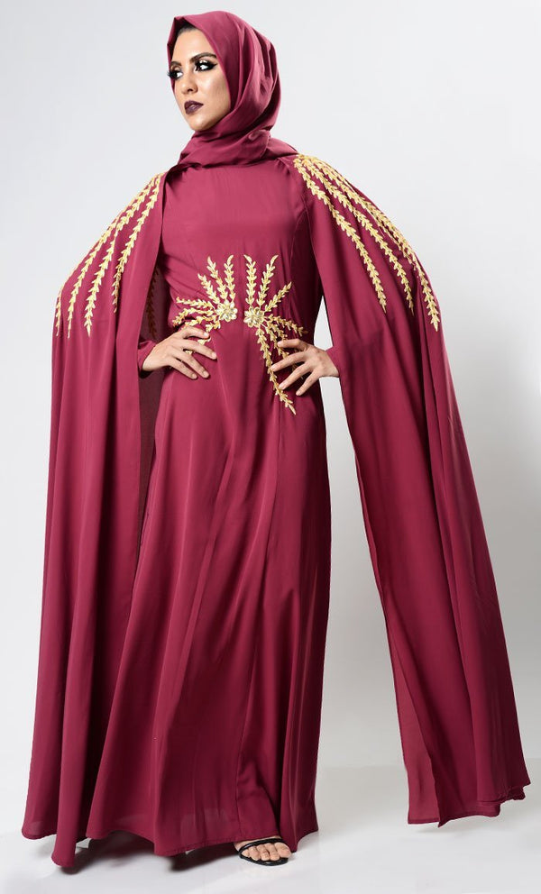 Maroon Dramatic Lavish Embroiderd Abaya - EastEssence.com