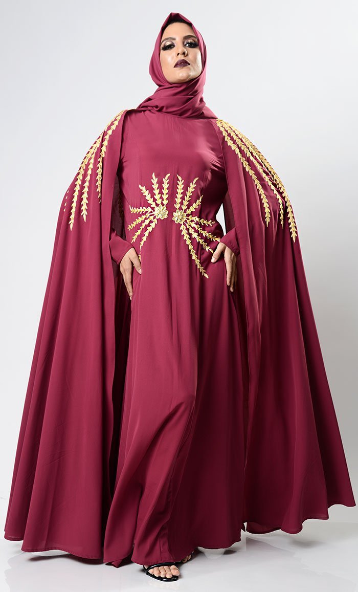 Maroon Dramatic Lavish Embroiderd Abaya - EastEssence.com
