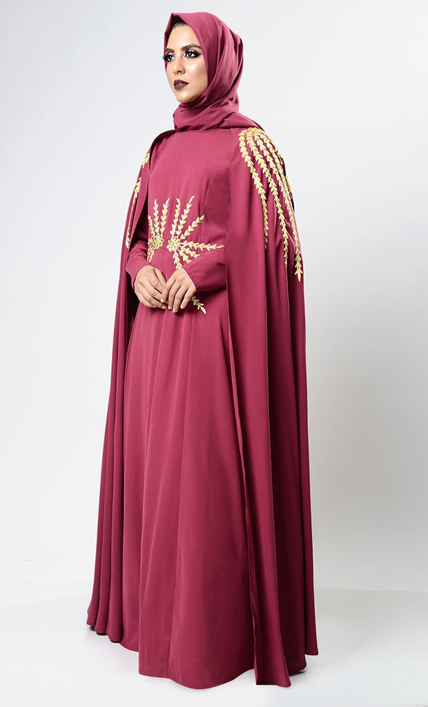 Maroon Dramatic Lavish Embroiderd Abaya - EastEssence.com