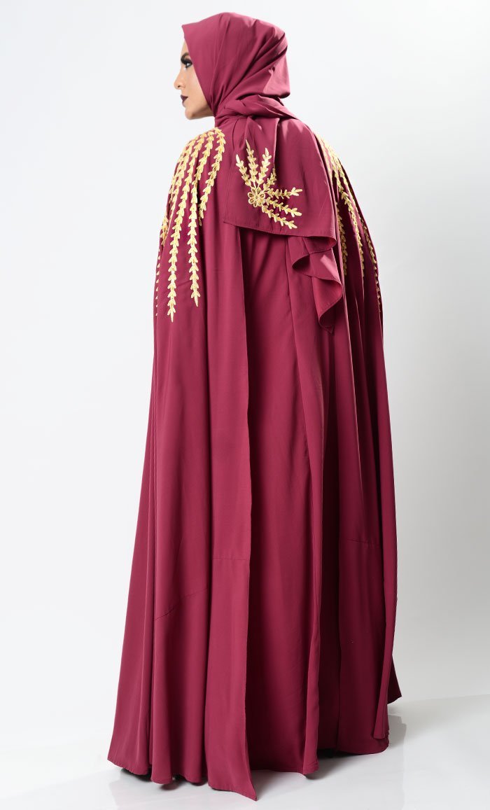 Maroon Dramatic Lavish Embroiderd Abaya - EastEssence.com