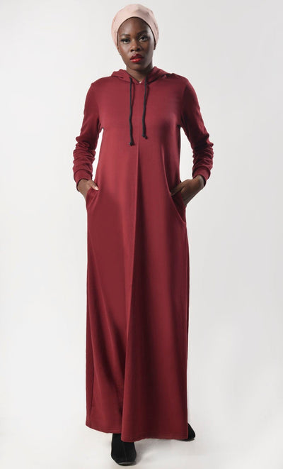 Maroon Fleece Warm Hoody Abaya With Pockets - EastEssence.com