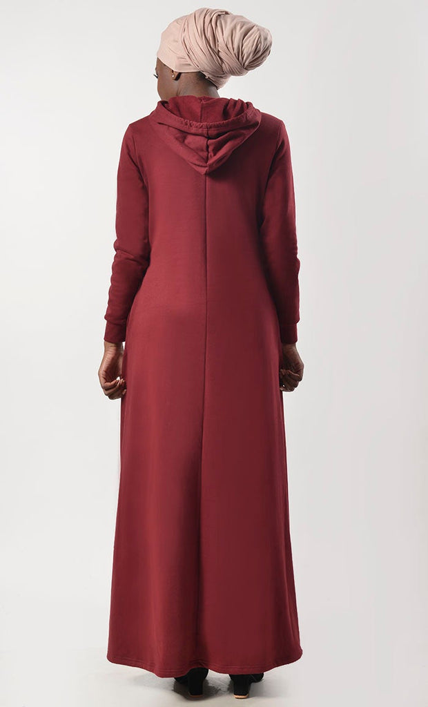 Maroon Fleece Warm Hoody Abaya With Pockets - EastEssence.com