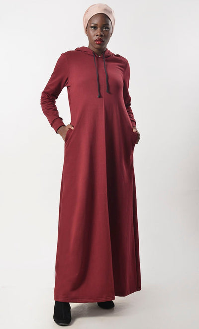 Maroon Fleece Warm Hoody Abaya With Pockets - EastEssence.com