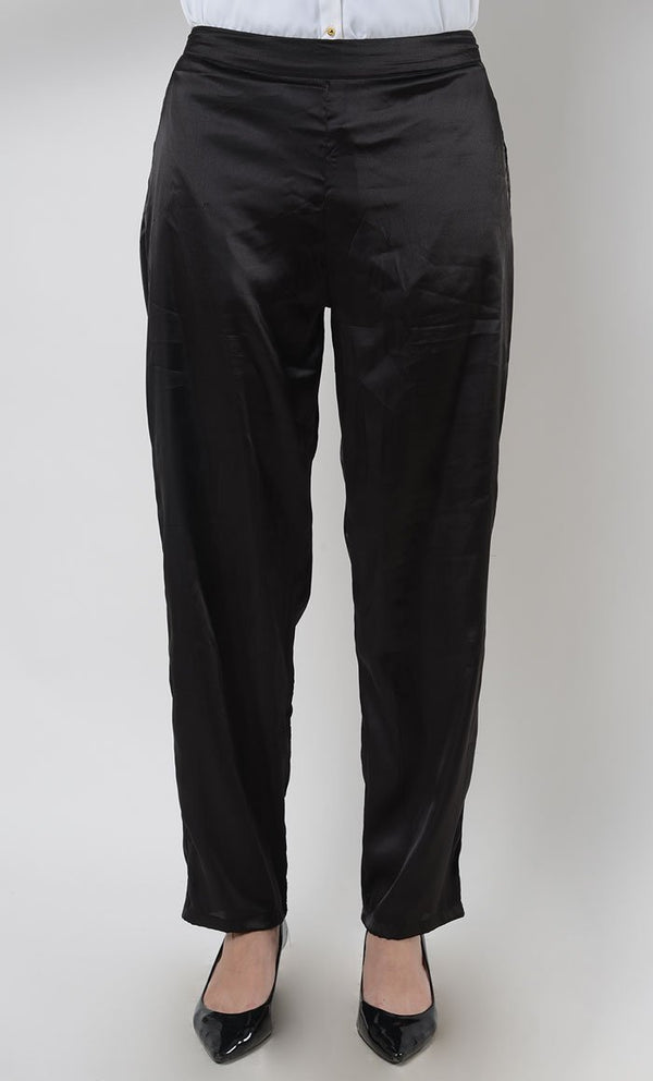 Black Satin Straight Pants_Black_Front_View
