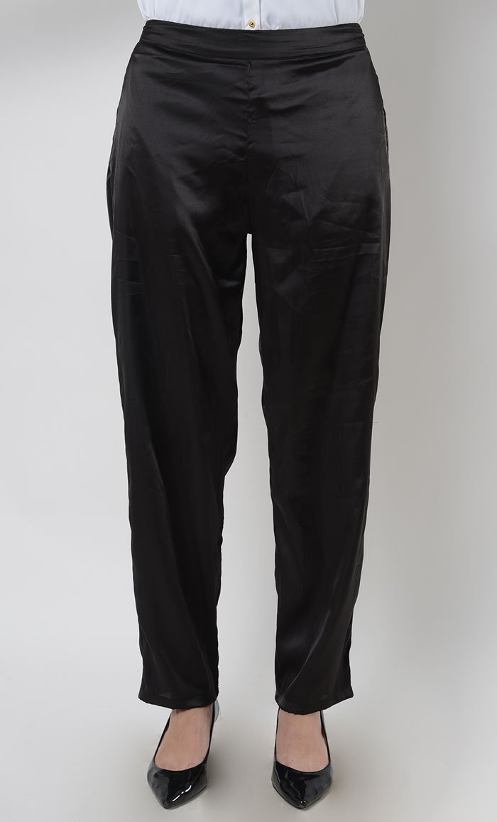Black Satin Straight Pants_Black_Front_View