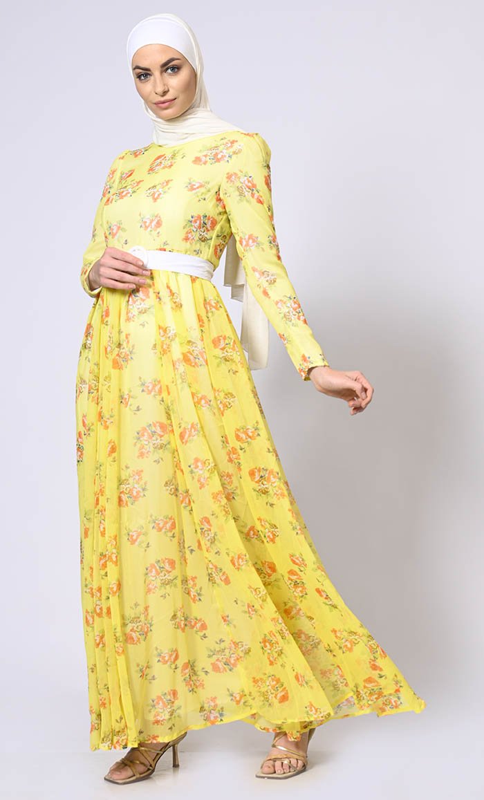 Printed Abaya with Belt and Hijab