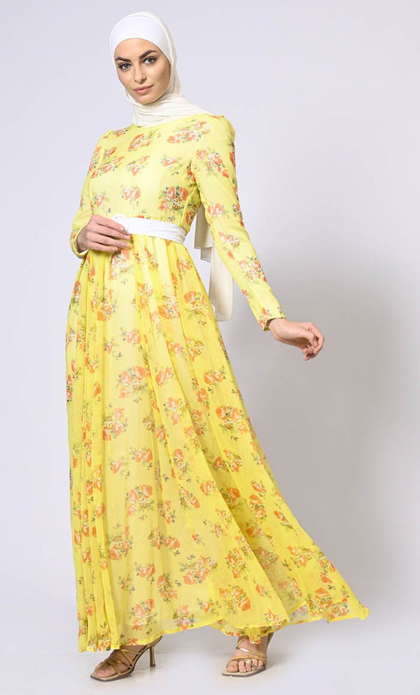 Printed Abaya with Belt and Hijab