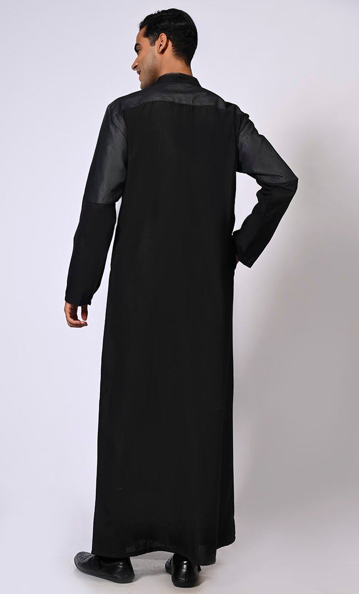Men's Black Thobe with Contrast Denim Yoke