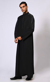Men's Black Thobe with Contrast Denim Yoke