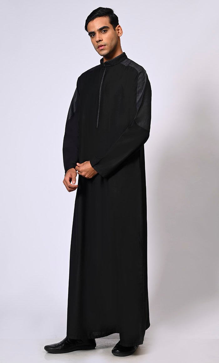 Men's Black Thobe with Contrast Denim Yoke