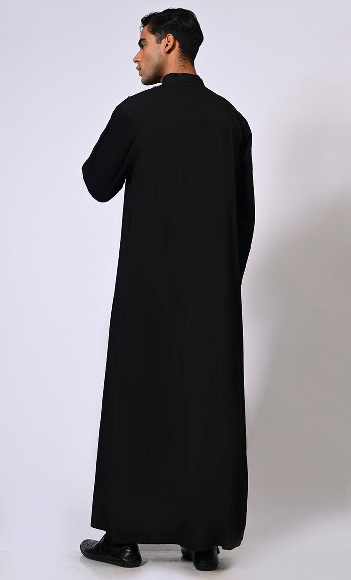 Men's Black Thobe with Geometrical Embroidery