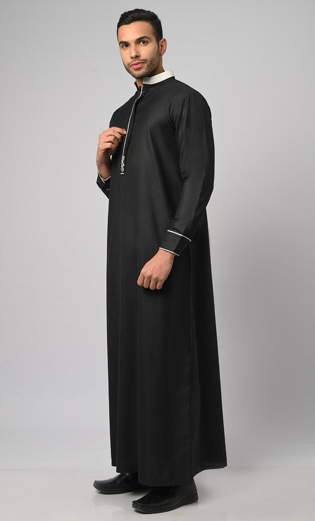 Men's Collared And Cuff Detail Thobe / Jubba With Embroidery And Pockets - EastEssence.com