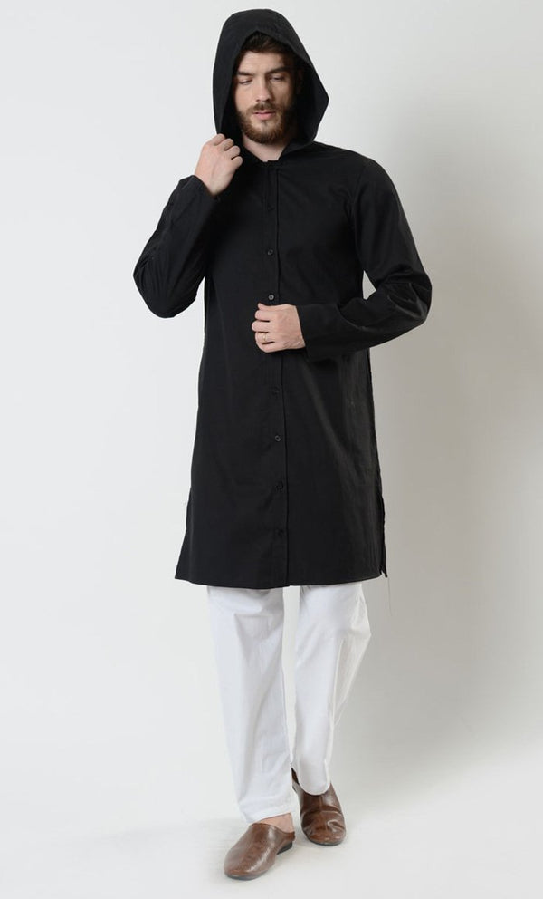 Mens Cotton Button Closure Hooded Tunic - EastEssence.com
