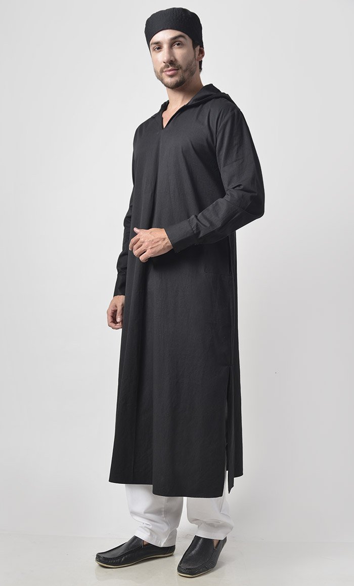 Mens Cotton Hooded Kurta-Black