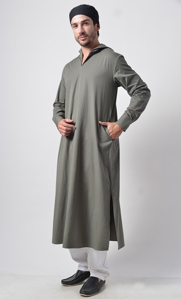 Mens Cotton Hooded Kurta-Grey