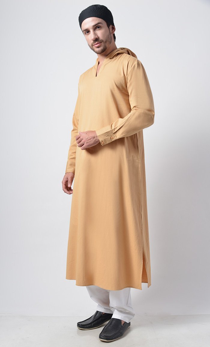 Mens Cotton Hooded Kurta-Yellow