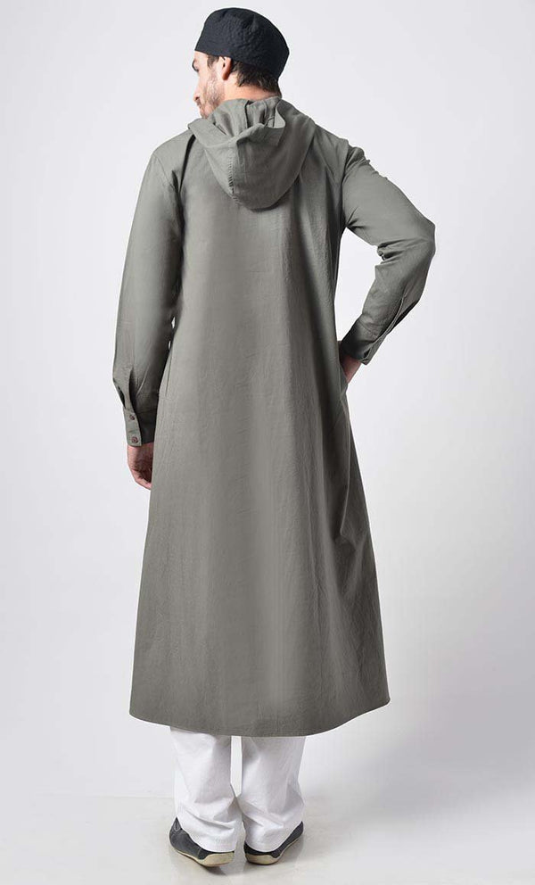 Mens Cotton Hooded Kurta-Grey