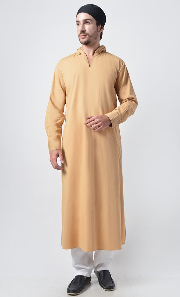 Mens Cotton Hooded Kurta-Yellow