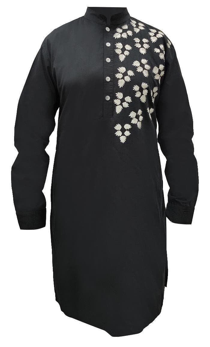 Kurta noir brodé pour homme avec poches pour le quotidien