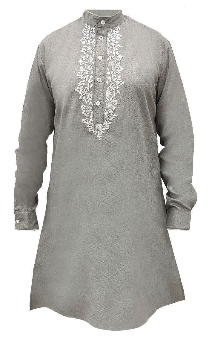 Kurta gris brodé pour homme au quotidien avec poches