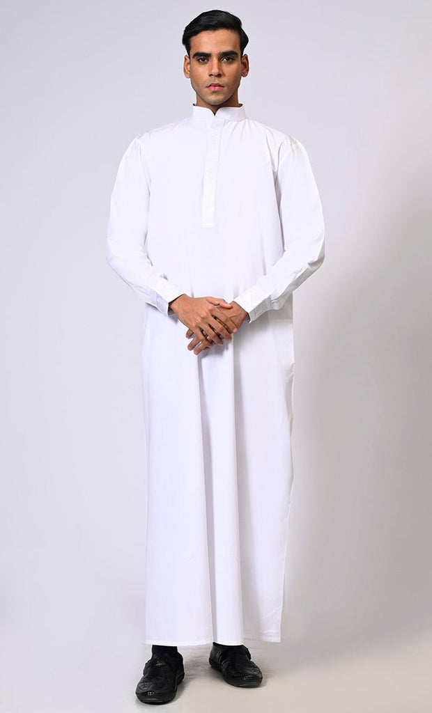 Men's White Thobe with Geometrical Embroidery detailing and Pockets - EastEssence.com