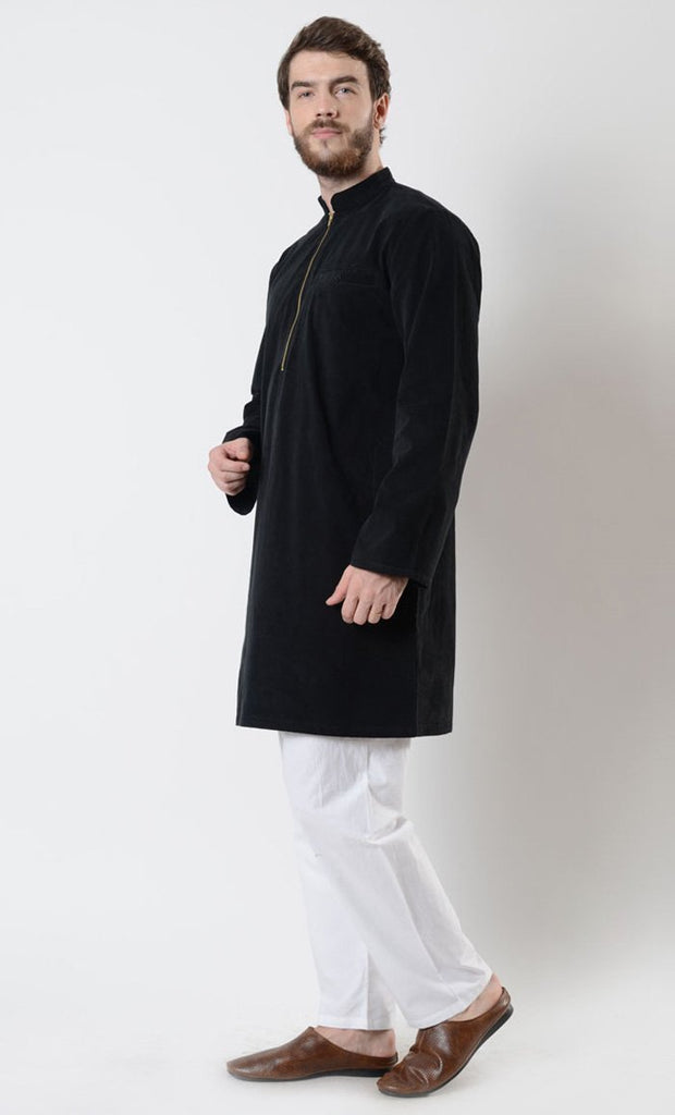 Mens Zipper Black Corduroy Tunic - EastEssence.com